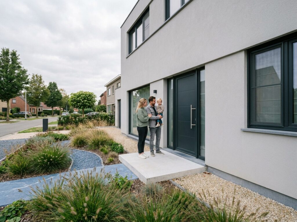 Jeune famille belge devant leur maison neuve moderne en Flandre, découvrant leur nouvelle construction avec satisfaction