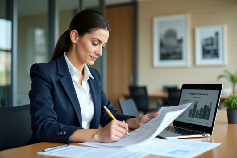 Femme professionnelle analysant des documents de contribution sécurité immobilière dans un bureau moderne