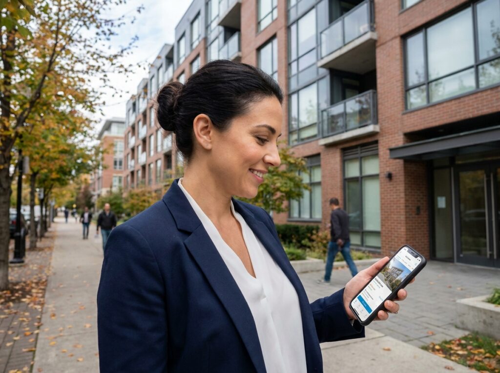 Femme consultant une plateforme de crowdfunding immobilier devant un immeuble résidentiel neuf en ville