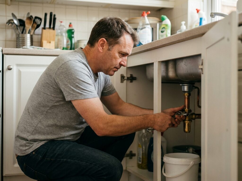 Homme qui coupe l'eau sous l'évier de la cuisine pour stopper une fuite avant l'arrivée du plombier