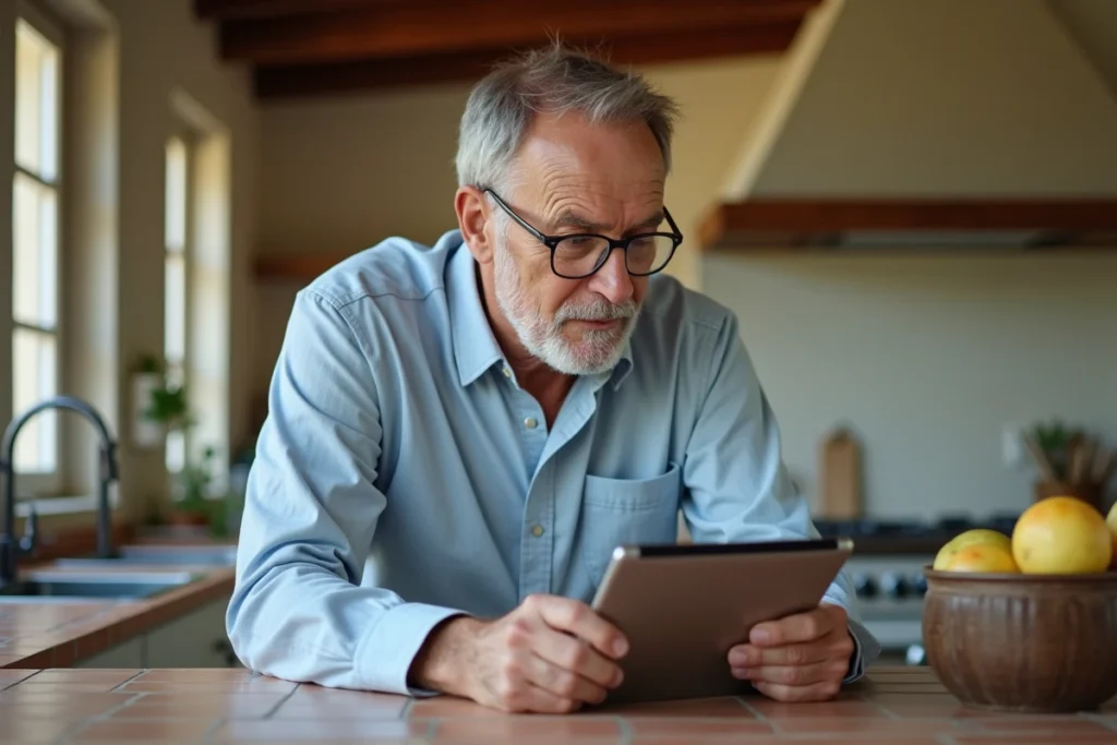 Propriétaire de gîte consultant le tableau de bord de gestion des tarifs sur une tablette dans une cuisine française