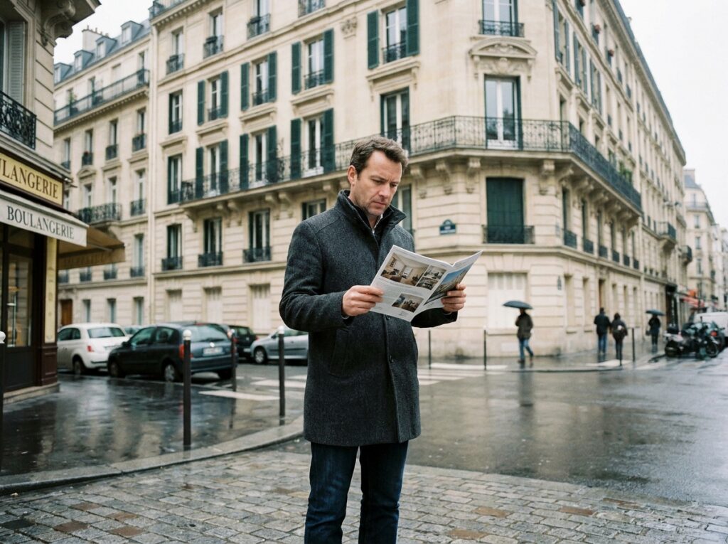 Homme consultant une brochure immobilière devant un immeuble haussmannien à Paris, visite appartement Paris
