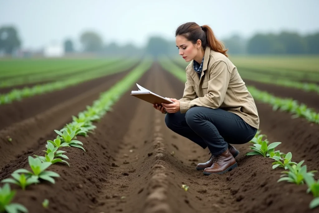 Ingénieure agricole inspectant les rangs de cultures dans une exploitation agricole de grande superficie