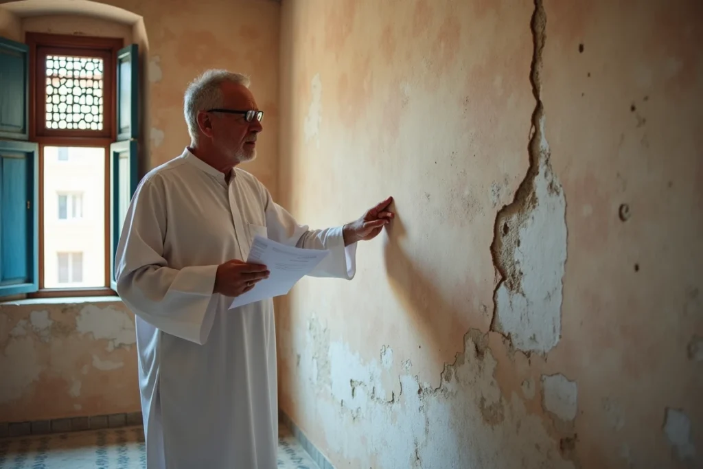Propriétaire inspectant l'état d'un appartement ancien dans la médina de Marrakech avant de le mettre en vente