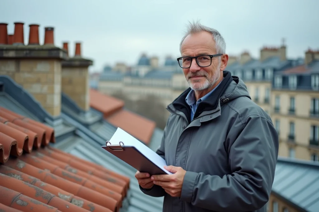 Propriétaire inspectant la toiture d'un immeuble haussmannien pour évaluer les grosses réparations selon l'article 606