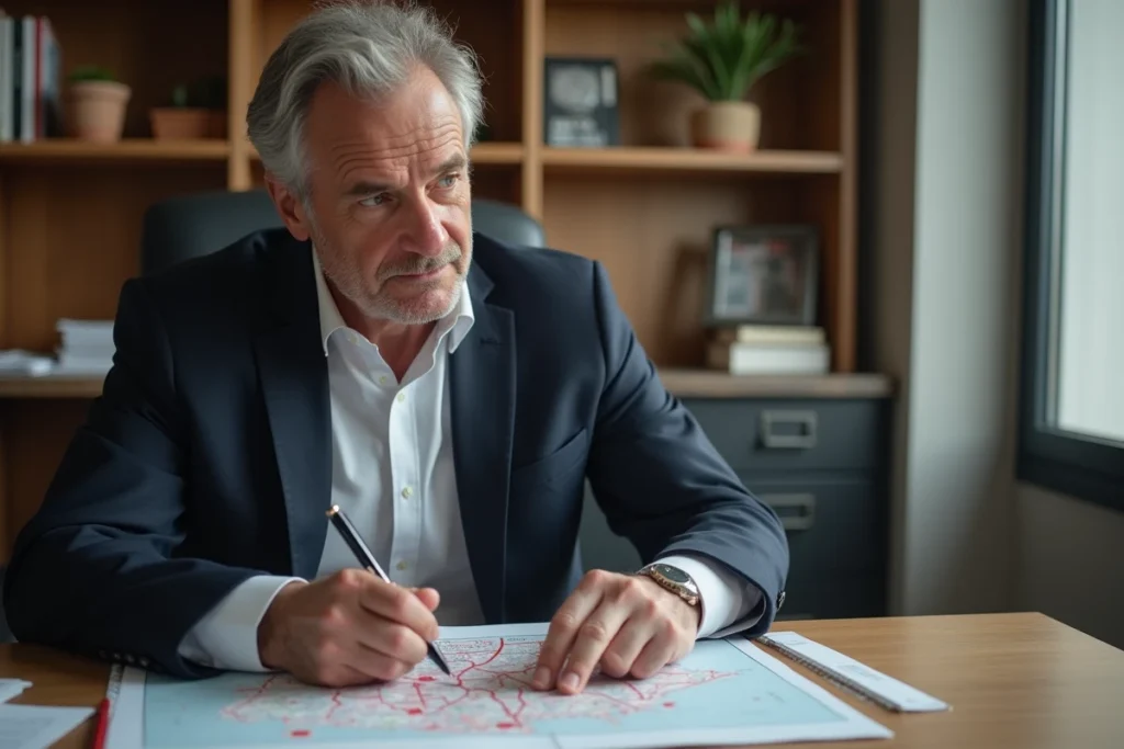 Investisseur immobilier analysant une carte des quartiers à risque de La Roche-sur-Yon pour sécuriser son investissement locatif