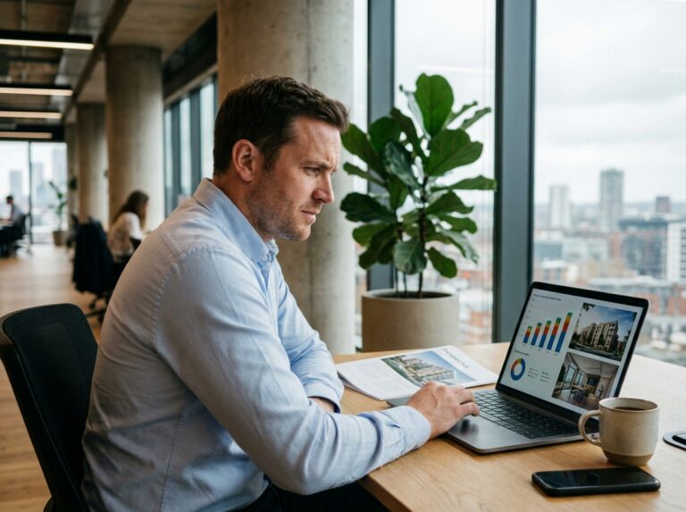 Investisseur analysant des données de crowdfunding immobilier sur un ordinateur portable dans un bureau moderne