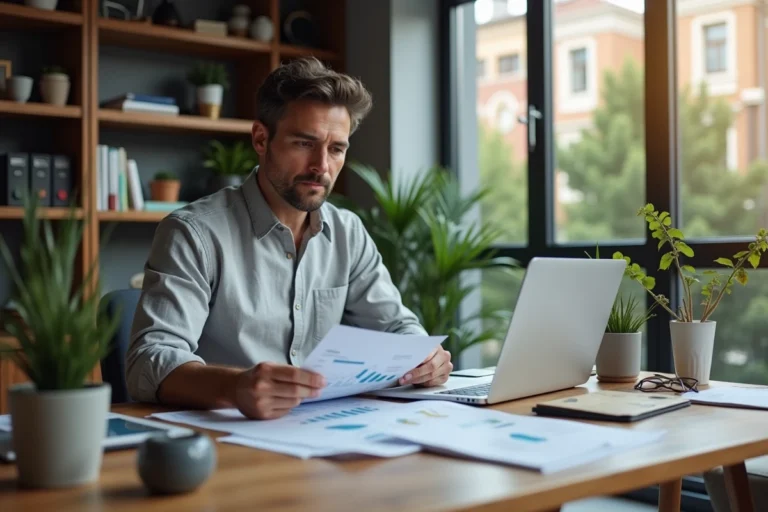 Investisseur immobilier analysant ses revenus locatifs sur un bureau moderne avec des documents et un ordinateur portable
