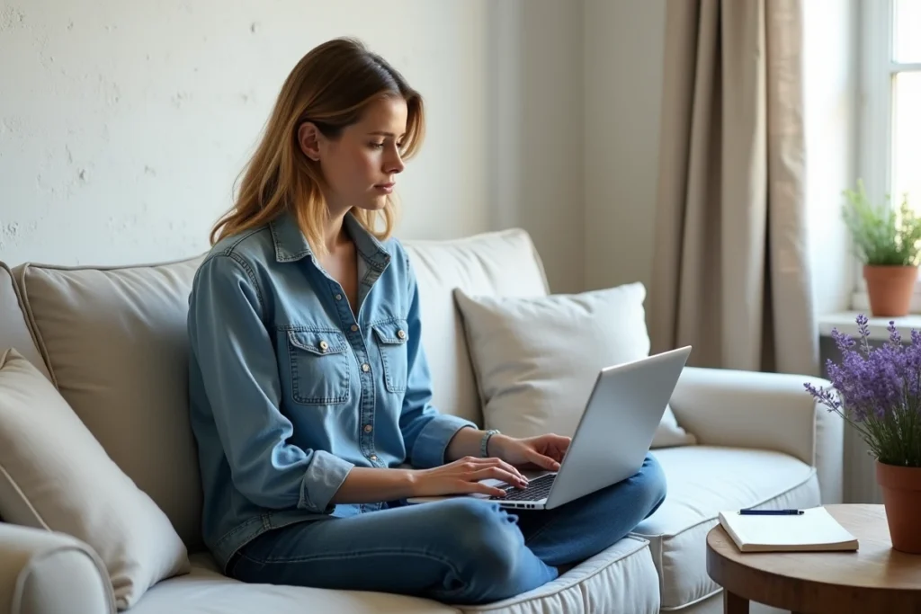 Femme propriétaire de gîte mettant à jour ses tarifs saisonniers sur un portail en ligne depuis son salon