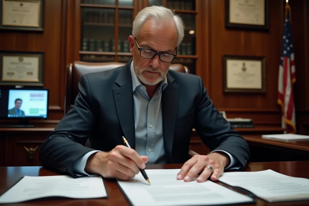 Notaire en cabinet consultant un client à distance via un écran d'ordinateur avec des documents juridiques sur le bureau