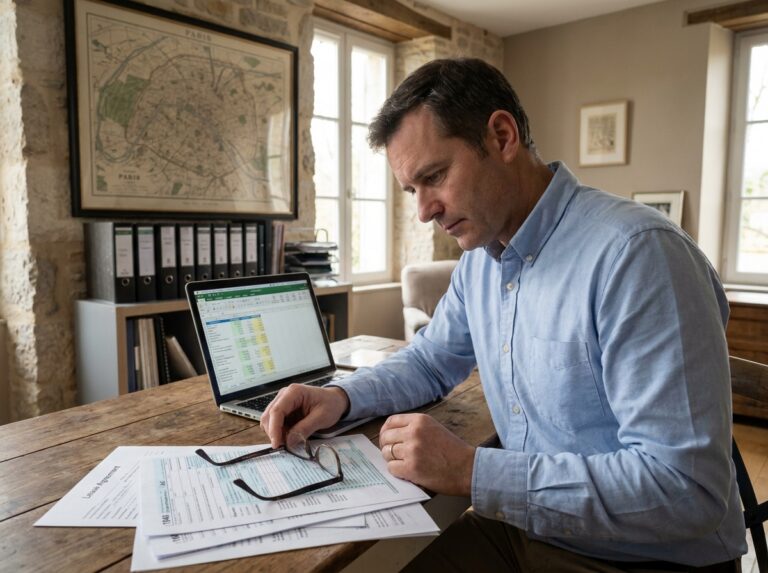Propriétaire bailleur parisien analysant des documents fiscaux pour une location meublée dans son bureau à domicile