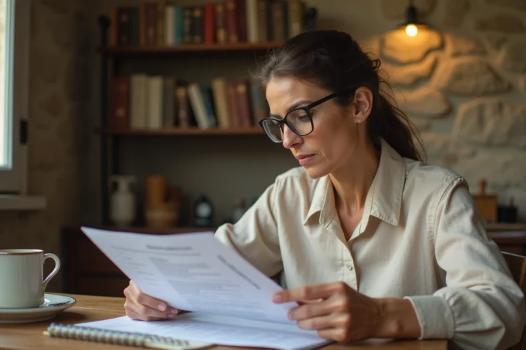 Propriétaire débutante étudiant l'article 606 du code civil avec des documents juridiques sur une table en bois