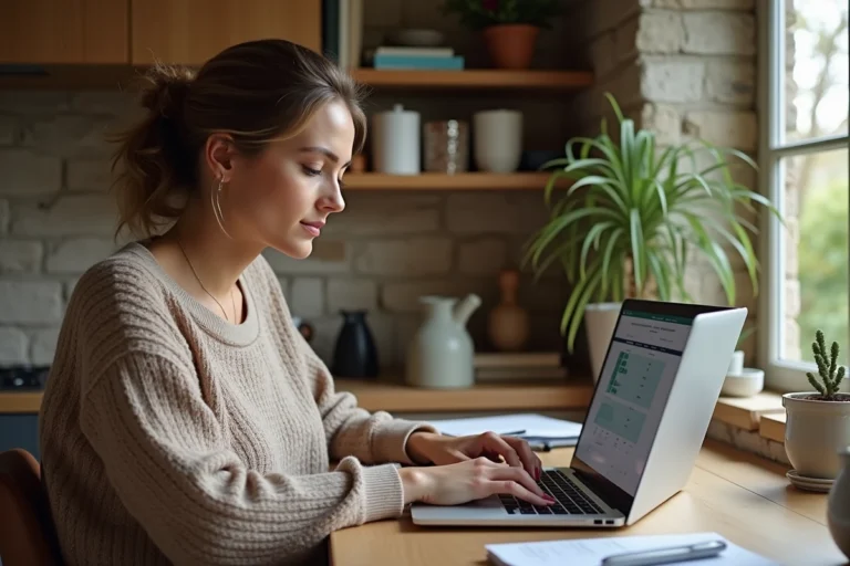 Propriétaire de gîte mettant à jour ses tarifs sur un ordinateur portable dans un bureau rustique