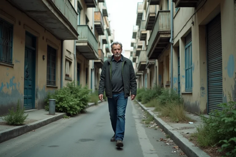 Rue dégradée dans un quartier défavorisé de La Roche-sur-Yon avec des immeubles vétustes et trottoirs abîmés