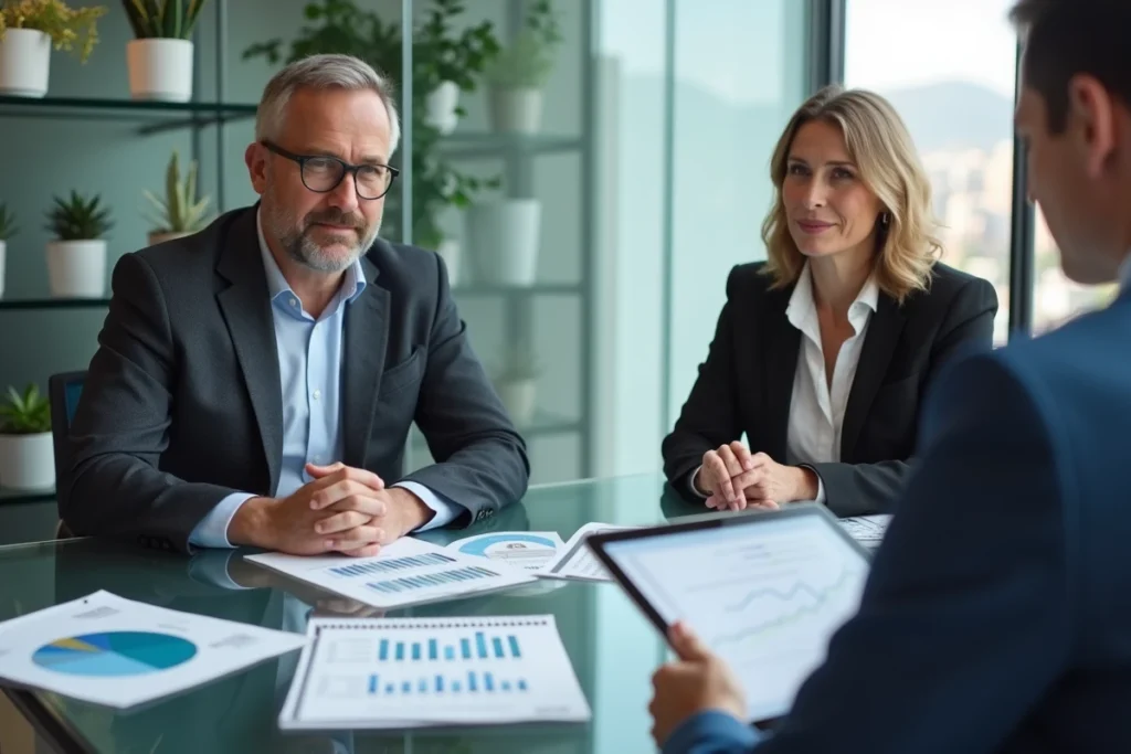 Couple d'investisseurs immobiliers en réunion avec un conseiller financier autour de documents de rendement locatif
