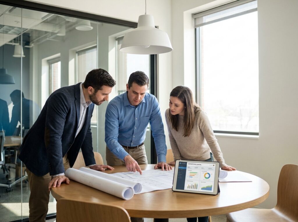 Équipe d'investisseurs étudiant les rendements et risques d'un projet de crowdfunding immobilier en réunion