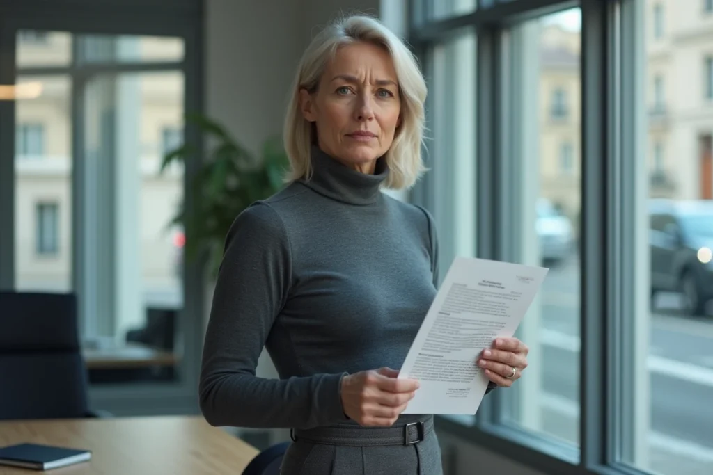 Femme tenant un contrat de SCI dans un cabinet d'avocat, illustrant les risques juridiques d'une société civile immobilière avec prête-nom