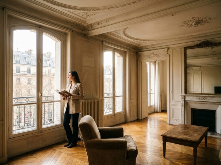 Salon haussmannien élégant avec parquet en point de Hongrie, moulures au plafond et vue sur les toits parisiens du 9e arrondissement