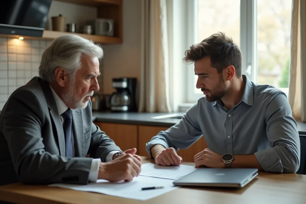 Père et fils discutant des risques juridiques d'une SCI avec prête-nom autour d'une table familiale