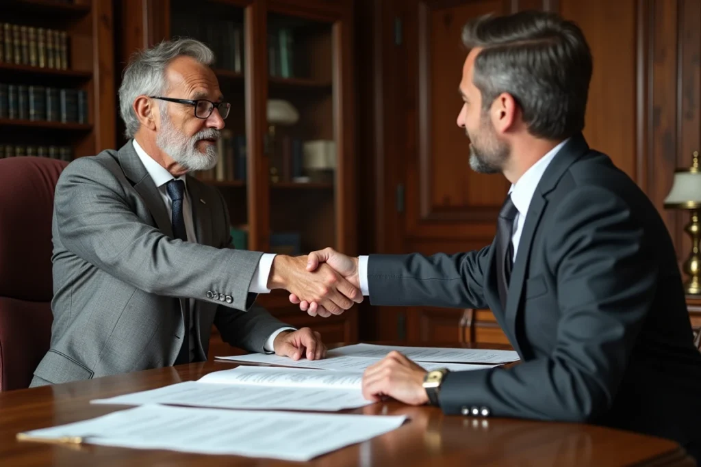 Signature d'acte immobilier chez le notaire avec remise de documents officiels de contribution sécurité