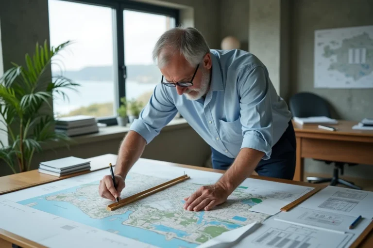 Urbaniste étudiant les cartes de zonage littoral dans un bureau contemporain avec vue sur la côte