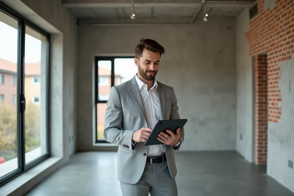 Agent immobilier utilisant une application d'estimation sur tablette lors d'une visite d'appartement à rénover