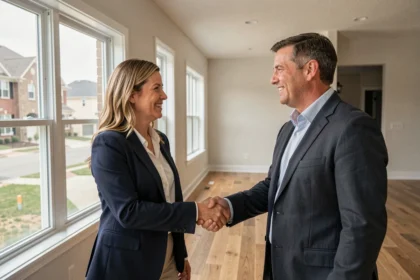 Acheteuse de maison serrant la main d'un entrepreneur agréé par la Metropolitan Builders Association dans une maison neuve