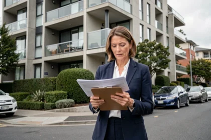 Agent immobilière professionnelle devant un immeuble résidentiel moderne en Nouvelle-Zélande, tenant des documents liés à un achat locatif