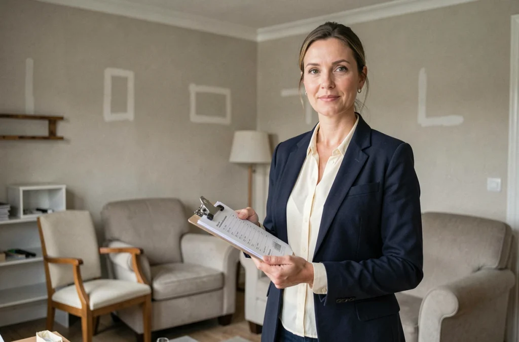 Agent immobilier évaluant le prix d'une maison à vendre dans la Manche, intérieur partiellement vidé lors d'une vente urgente pour divorce