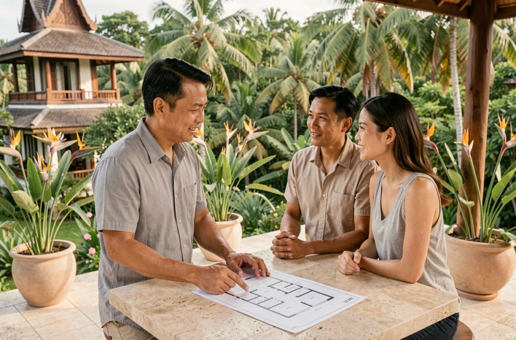Agent immobilier présentant un projet de villa à un couple d'investisseurs sur une terrasse tropicale à Koh Samui