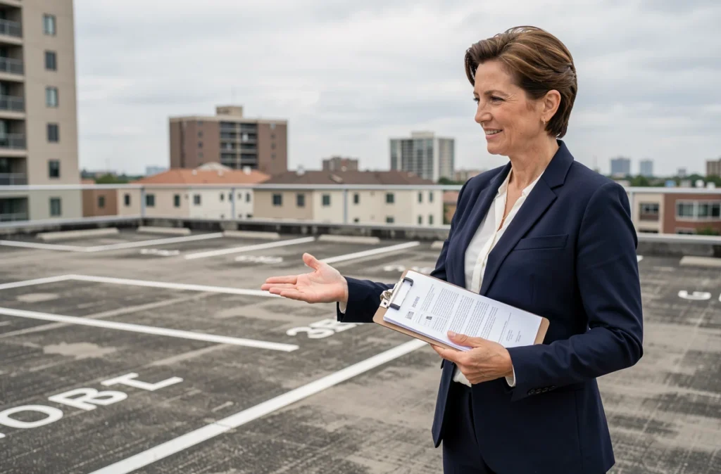 Agent immobilière présentant une place de parking extérieure en toiture d'immeuble avec vue sur la ville