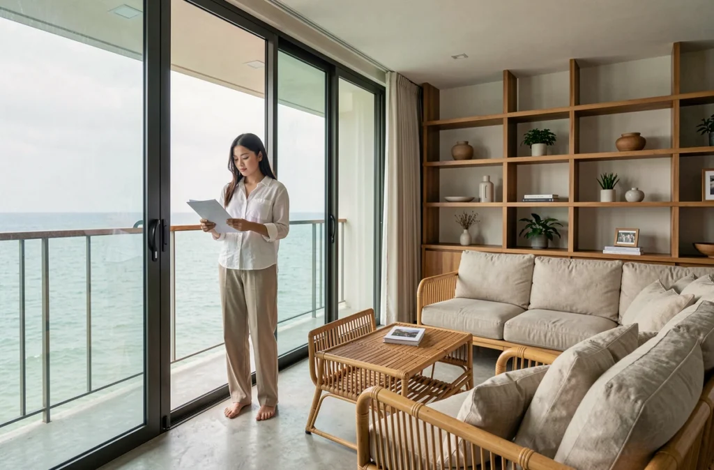 Appartement moderne en résidence balnéaire à Koh Samui avec vue mer, illustrant l'investissement en copropriété en Thaïlande