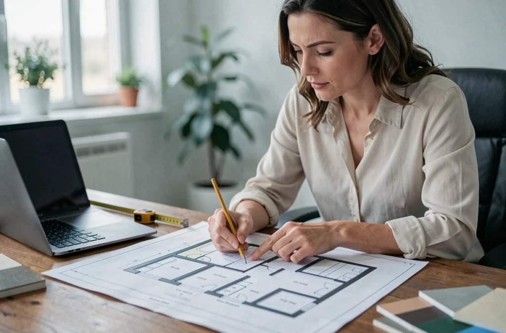 Architecte d'intérieur analysant un plan de chambre avec placard pour calculer la surface habitable réglementaire