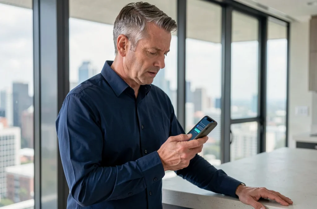 Homme consultant une notification d'authentification à deux facteurs sur son smartphone pour protéger l'accès à son compte immobilier en ligne