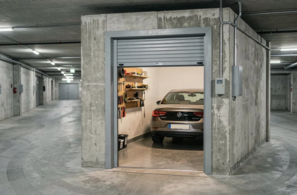 Box de garage individuel fermé en sous-sol avec porte métallique entreouverte et voiture à l'intérieur