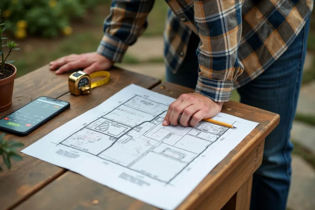 Homme calculant la conversion d'ares en m2 sur un plan de jardin posé sur une table en bois extérieure