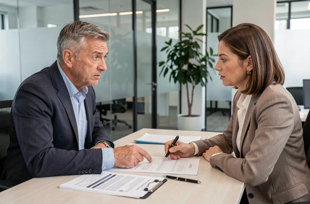 Client en rendez-vous avec un conseiller en assurance PNO pour comprendre et négocier le prix de son contrat