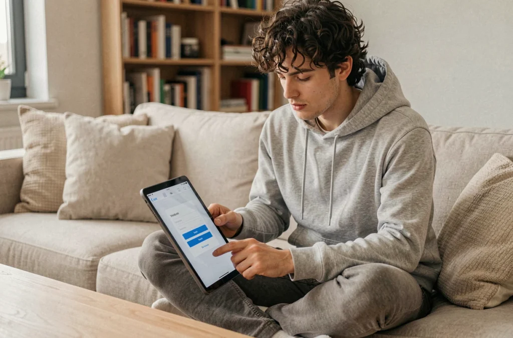 Jeune personne se connectant à un compte en ligne sur une tablette depuis son salon