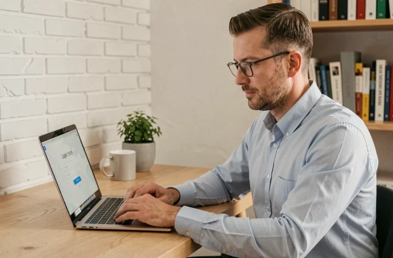 Homme concentré se connectant à un portail en ligne sur son ordinateur portable dans un bureau à domicile