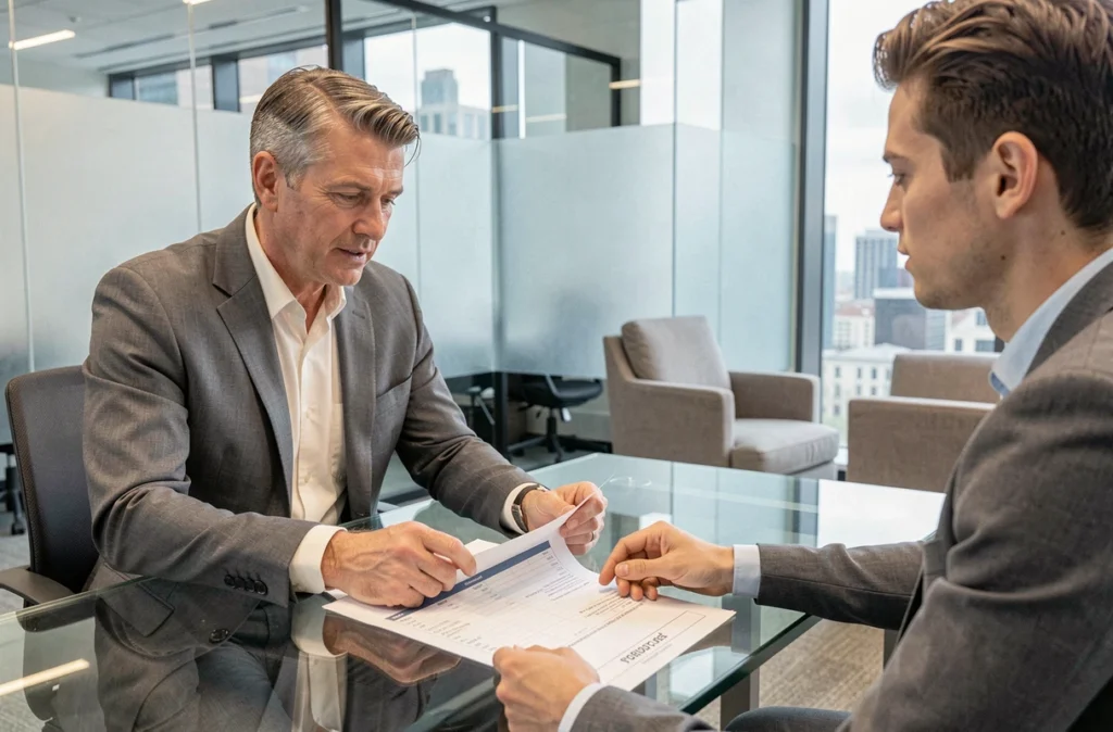 Conseiller financier et client analysant un rapport d'évaluation immobilière dans un bureau moderne, dans le cadre d'un investissement locatif
