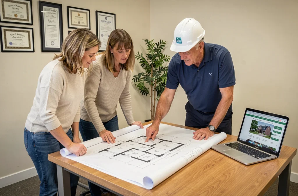 Couple d'acheteurs examinant des plans architecturaux avec un constructeur certifié lors d'une réunion de projet immobilier