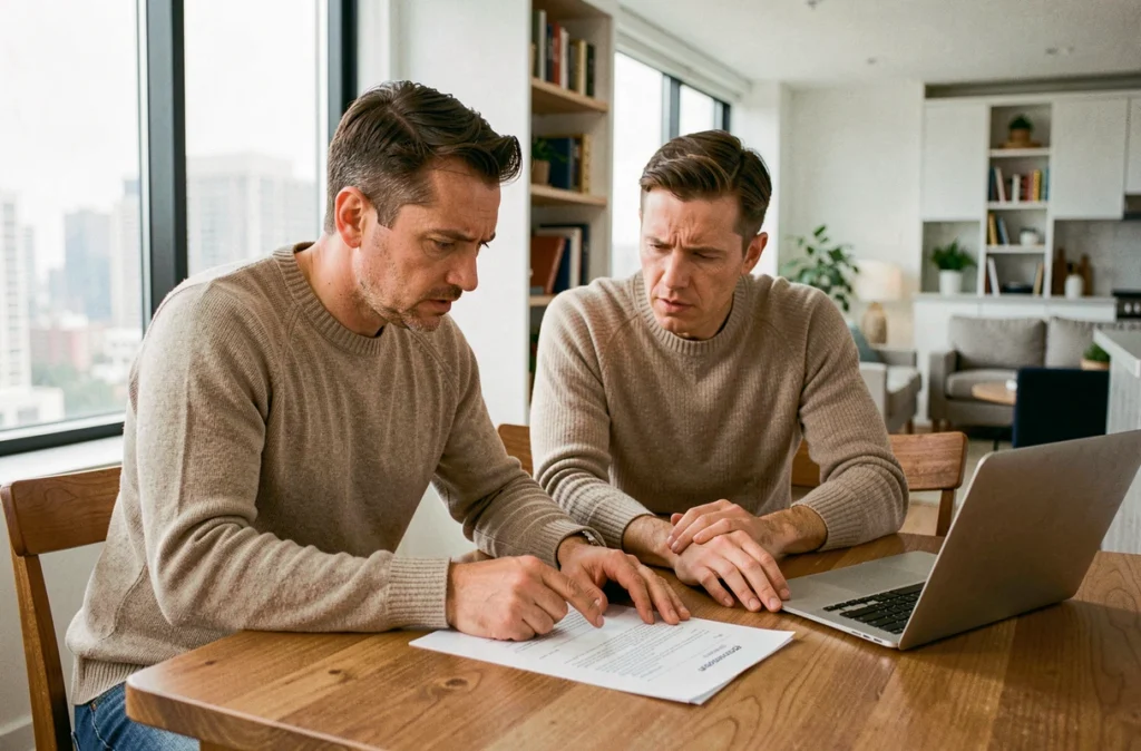 Couple étudiant un contrat d'investissement immobilier locatif à leur domicile, exprimant une légère inquiétude face aux clauses du document