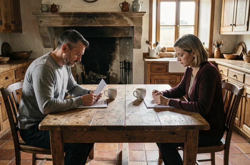 Couple en instance de divorce assis à une table de cuisine normande avec des documents immobiliers, vente urgente d'une maison dans la Manche