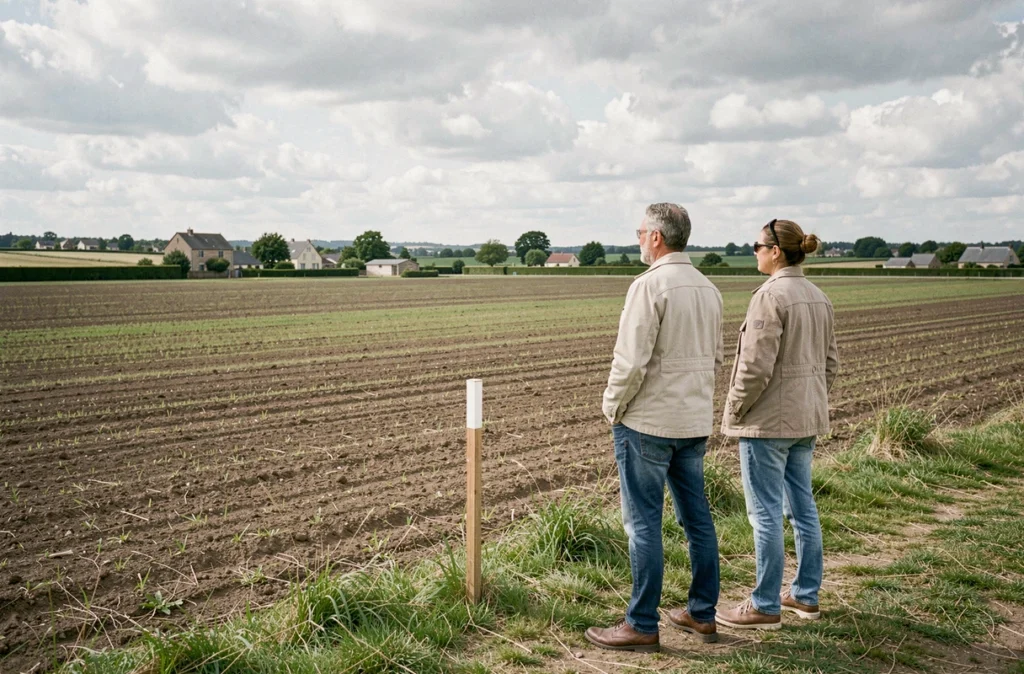 Couple visitant un terrain agricole en milieu rural pour évaluer un potentiel achat foncier