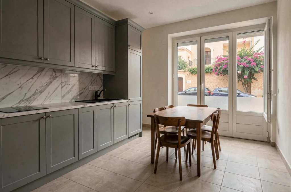 Cuisine et salle à manger rénovées d'un appartement vide à vendre à Guéliz, Marrakech