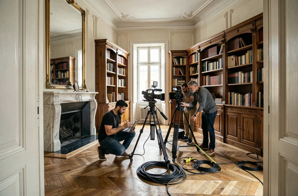 Équipe de tournage professionnelle installant du matériel dans un salon haussmannien aux moulures et parquet en chevrons
