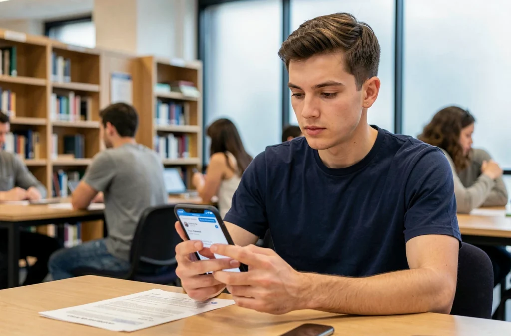 Étudiant consultant son espace locataire Crous sur smartphone dans une bibliothèque universitaire avec documents imprimés