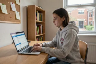 Étudiante vérifiant son code locataire Crous sur un portail en ligne depuis sa chambre de résidence universitaire