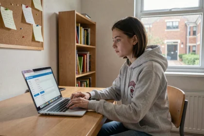 Étudiante vérifiant son code locataire Crous sur un portail en ligne depuis sa chambre de résidence universitaire