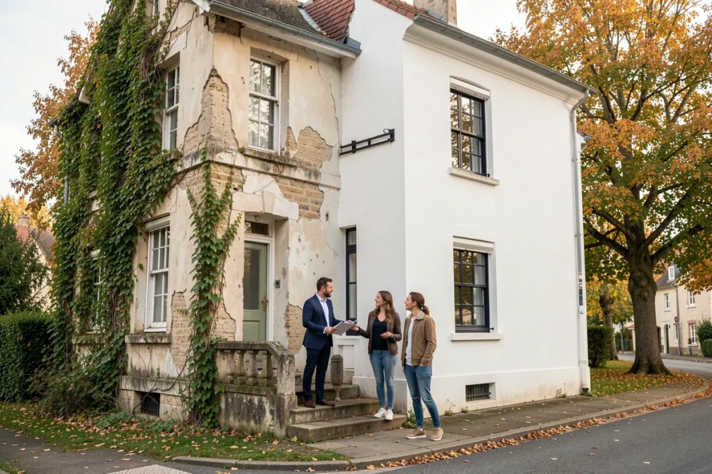 Façade d'une maison abandonnée à vendre en Île-de-France en cours de rénovation avec agent immobilier et futurs acquéreurs